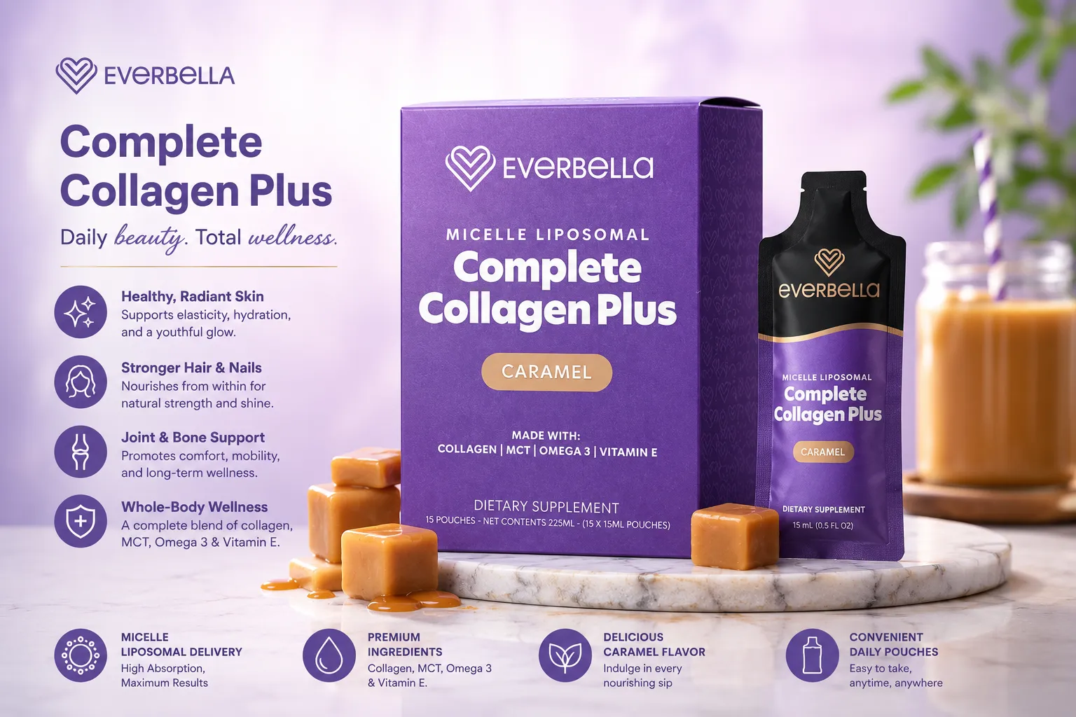 EverBella Complete Collagen Plus caramel liquid collagen box